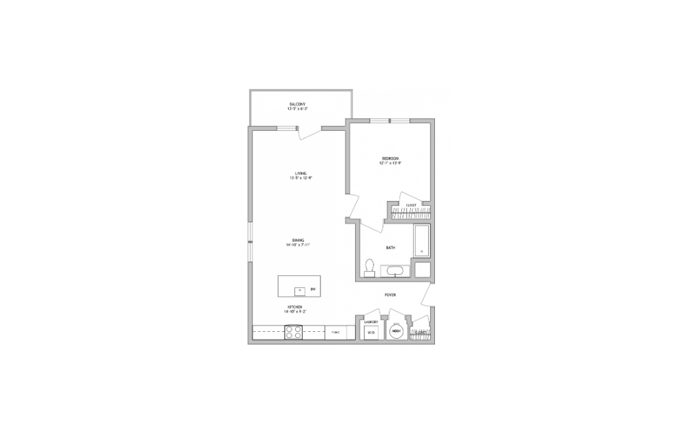 1 Bed 1 Bath B - 737 Sq. Ft. 1 Bed 1 Bath B – 737 Sq. Ft. - 1 bedroom floorplan layout with 1 bathroom and 737 square feet