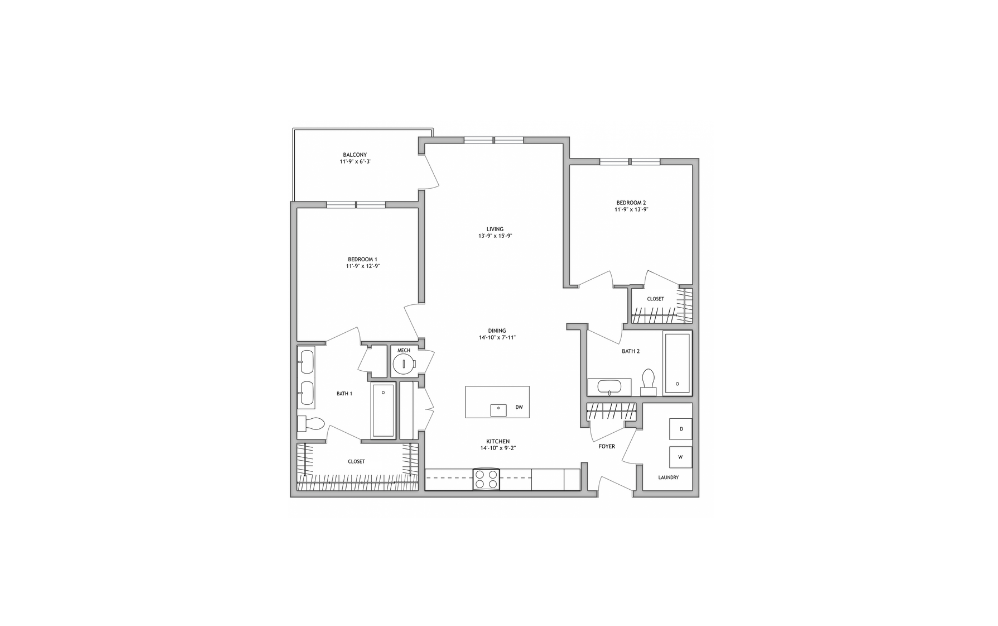 2 Bed 2 Bath D - 1,085 Sq. Ft. 2 Bed 2 Bath D – 1,085 Sq. Ft. - 2 bedroom floorplan layout with 2 bathrooms and 1085 square feet