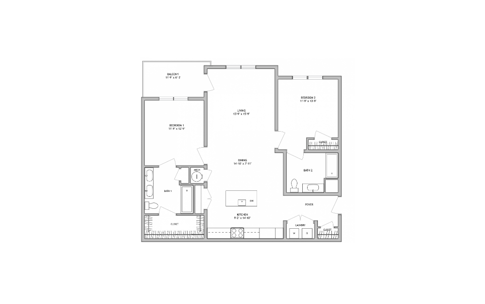 2 Bed 2 Bath B - 1,085 Sq. Ft. 2 Bed 2 Bath B – 1,085 Sq. Ft. - 2 bedroom floorplan layout with 2 bathrooms and 1085 square feet