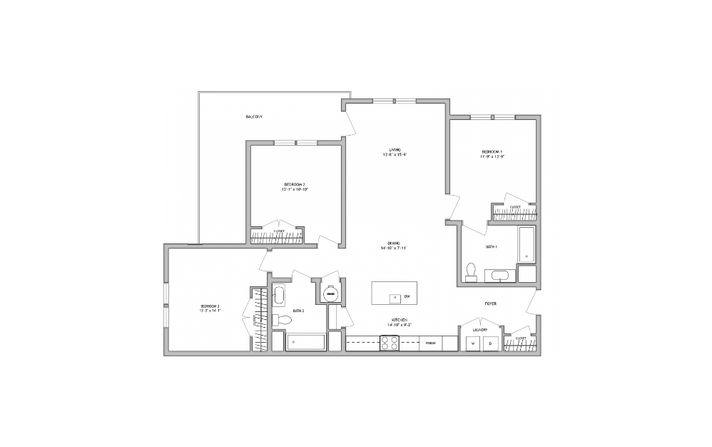 3 Bed 2 Bath B - 1243 Sq. Ft. 3 Bed 2 Bath B – 1,243 Sq. Ft. - 3 bedroom floorplan layout with 2 bathrooms and 1243 square feet